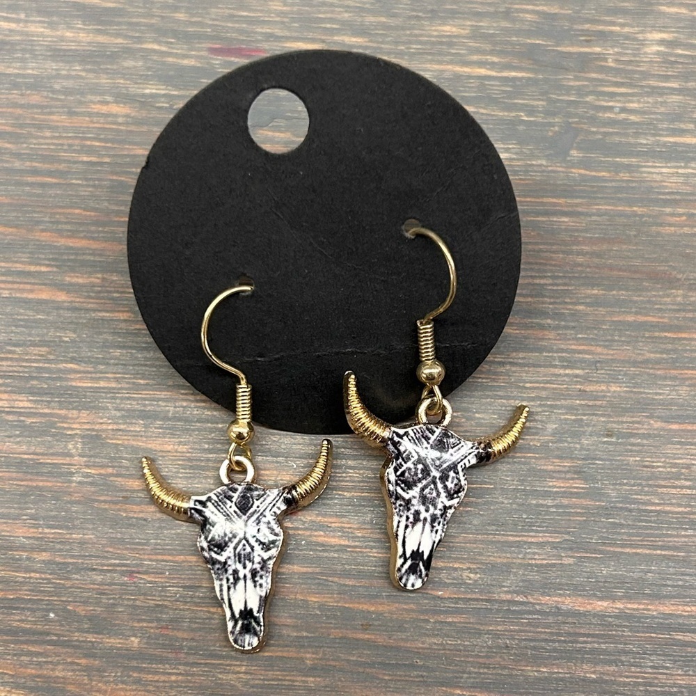 NEW black & white Aztec bull skull earrings